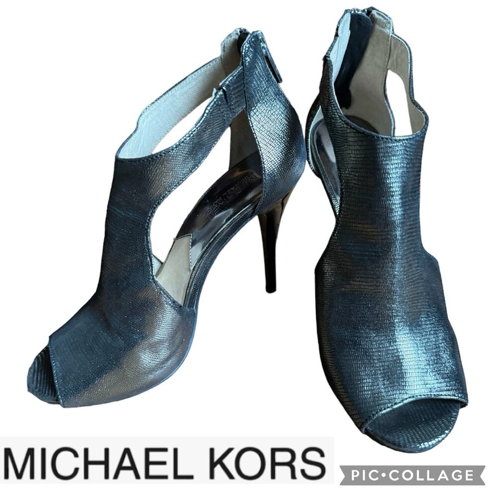 Michael Kors, gunmetal lizard pattern open toe,heel zipper stilettos size 7.5